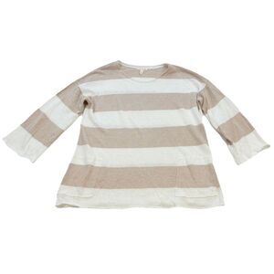Eileen Fisher Beige‎ White Stripe Organic Linen Lightweight Sweater Medium Boxy
